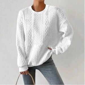 Sabo White Textured Cable Knit Pullover Crewneck Pullover Loungewear Sweater Top